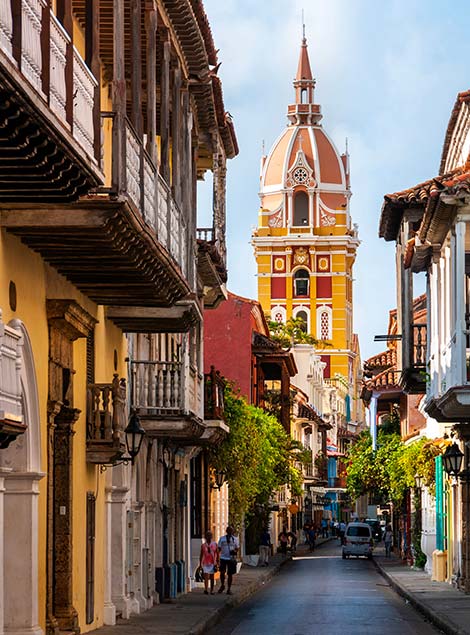 old centre of cartagena looking to the yellow painted church tower