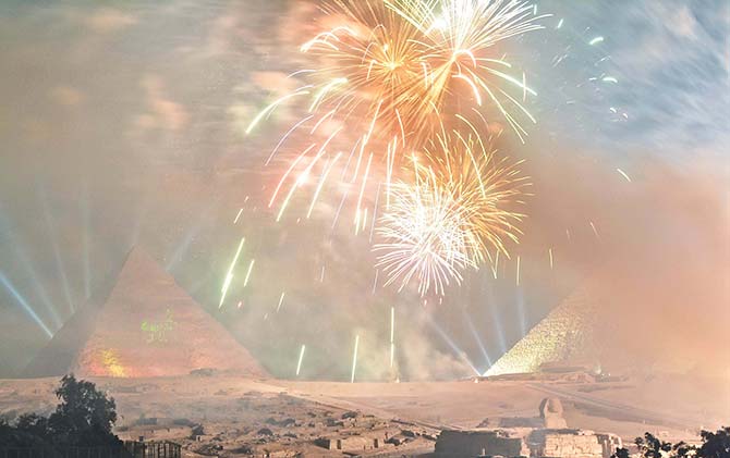 fireworks at the great pyramids of giza for the uprising of 2011 celebration