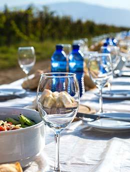 dinner party setting with wine glasses and plates in a vineyard in Georgia