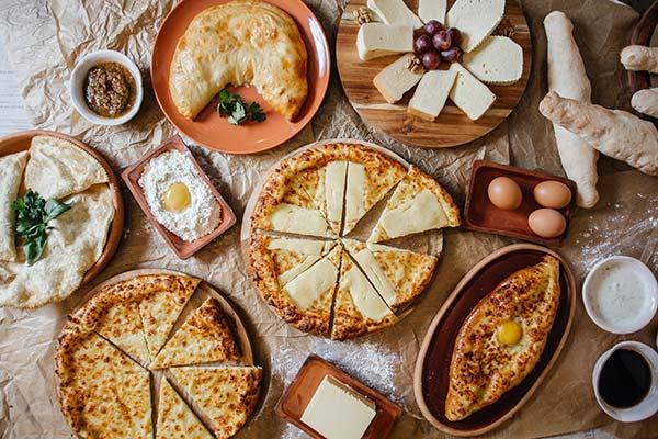 typical dinner table in georgia with bread cheese eggs