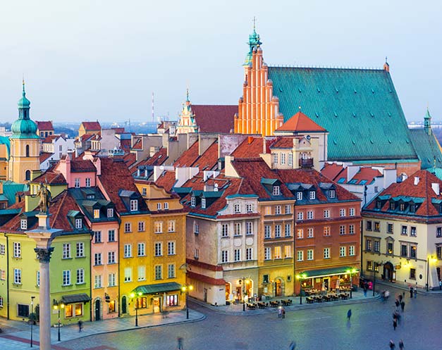 view of old town in warsaw with colourful buildings