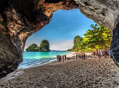 Phra Nang beach viewpoint through the cave overlooking the beach and sea