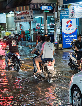 Flooded streets of Bangkok during monsoon season in Thailand