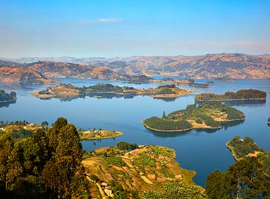 view of archipalagos islands at lake bunyonyi in uganda