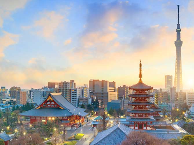 Tokyo skyline on a sunny day and senso-ji in the foreground