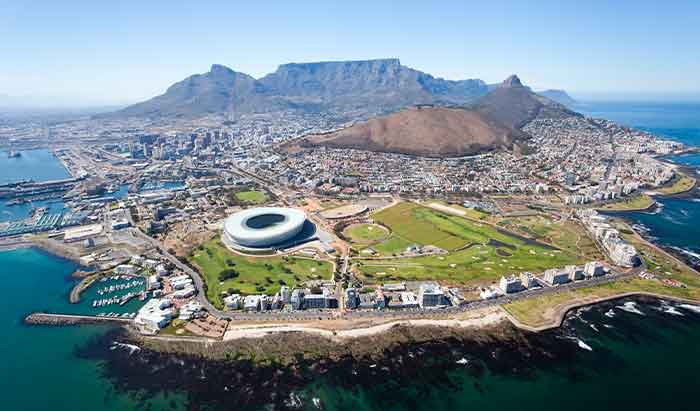 An ariel shot of Cape Town and table mountain in the background