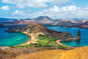 View of two beaches on Bartolomé Island in the Galápagos Islands in Ecuador