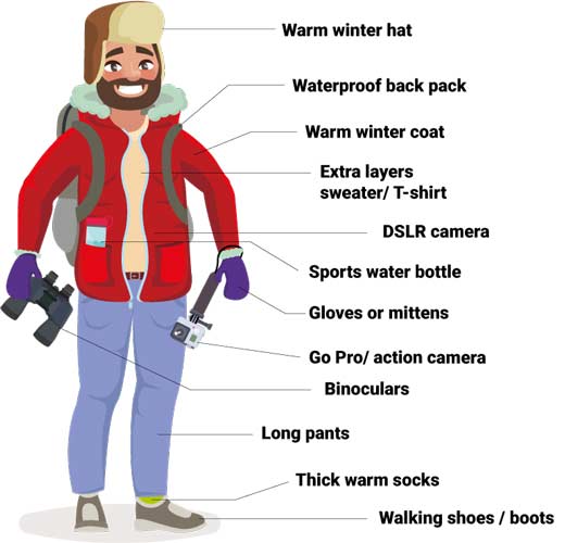 Packing guide for the cold Packing guide for cold climates when travelling on a adventure holiday trip to spot wildlife in their natural habitat
