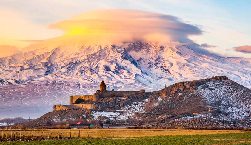Mount Ararat in Armenia. Sunrise over Ararat in Armenia with Khor Virap Monastery