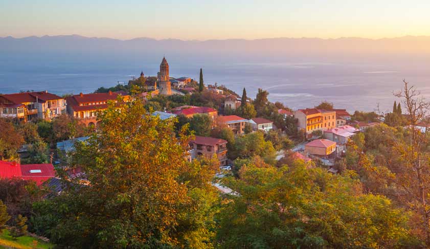 Signagi or Sighnaghi city in Kakheti region in Georgia, sunrise in Sighnaghi