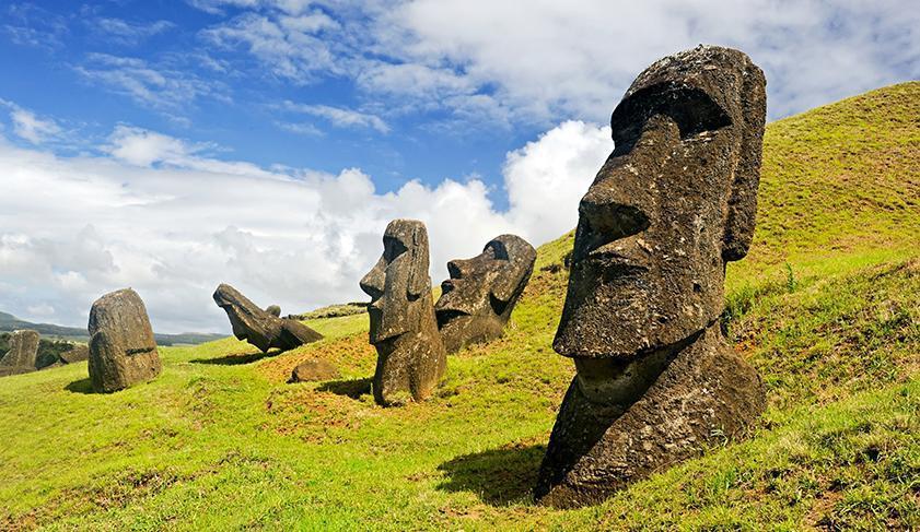 Moais on the slopes of Rano Raruku Volcano on Easter Island, Chile