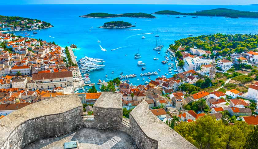 Aerial view at amazing archipelago in front of town Hvar, Croatia Mediterranean