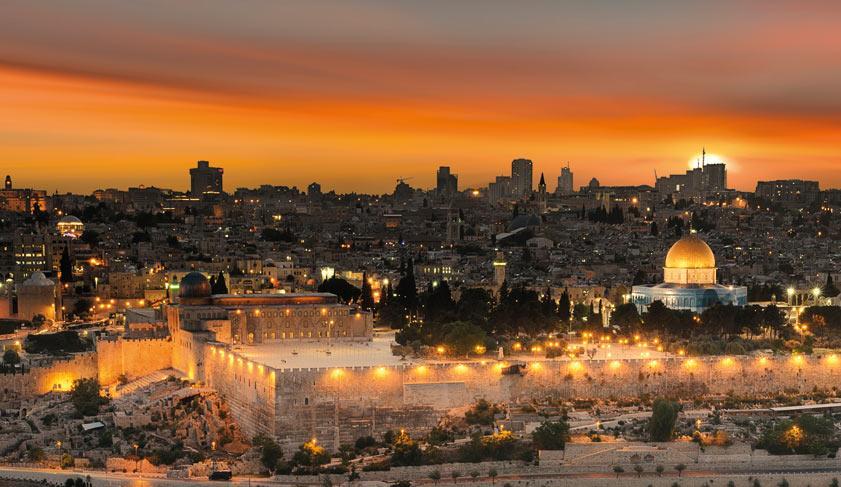 View to Jerusalem old city at sunset. Israel