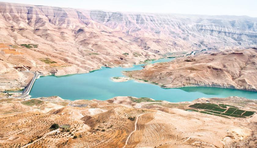 Wadi Al Mujib panoramic view on beautiful mountain and lake