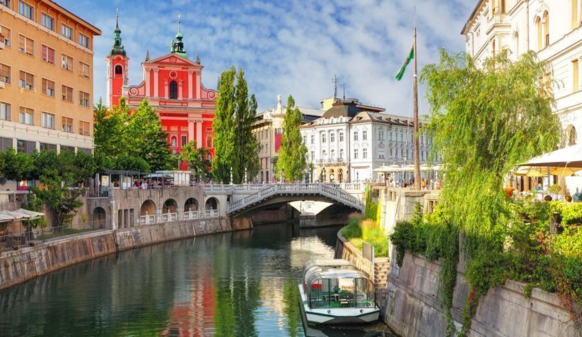 Ljubljanica River Canal going through the center of Ljubljana, Slovenia