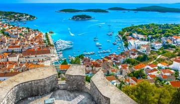 Aerial view at amazing archipelago in front of town Hvar, Croatia Mediterranean