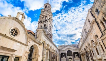 Marble ancient roman architecture in city center of town Split