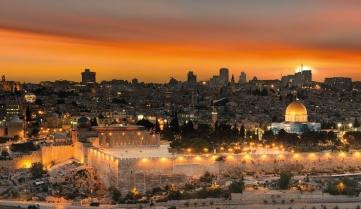 View to Jerusalem old city at sunset. Israel