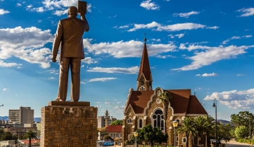 First Namibian President monument and Luteran Christ Church in the centre of Windhoek, Namibia