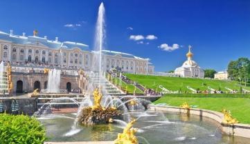 The grand cascade fountain at Peterhof Palace in Saint Petersburg, Russia