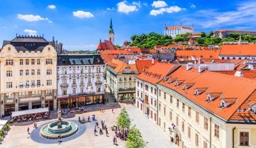 View of the Bratislava castle, main square and the St. Martin's Cathedral